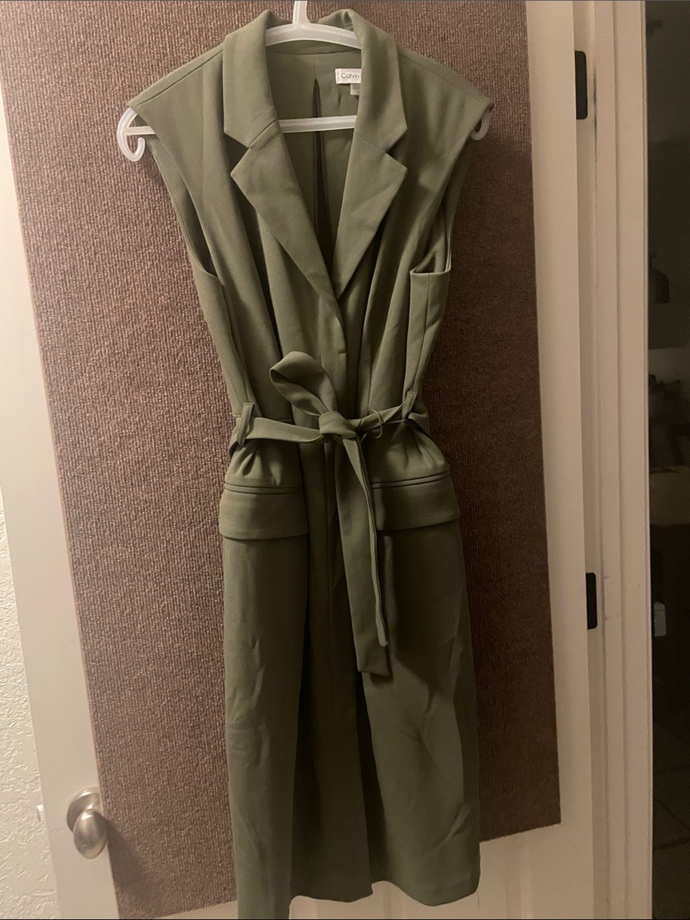 Calvin Klein Sleeveless Olive Utility Jumpsuit with Belt